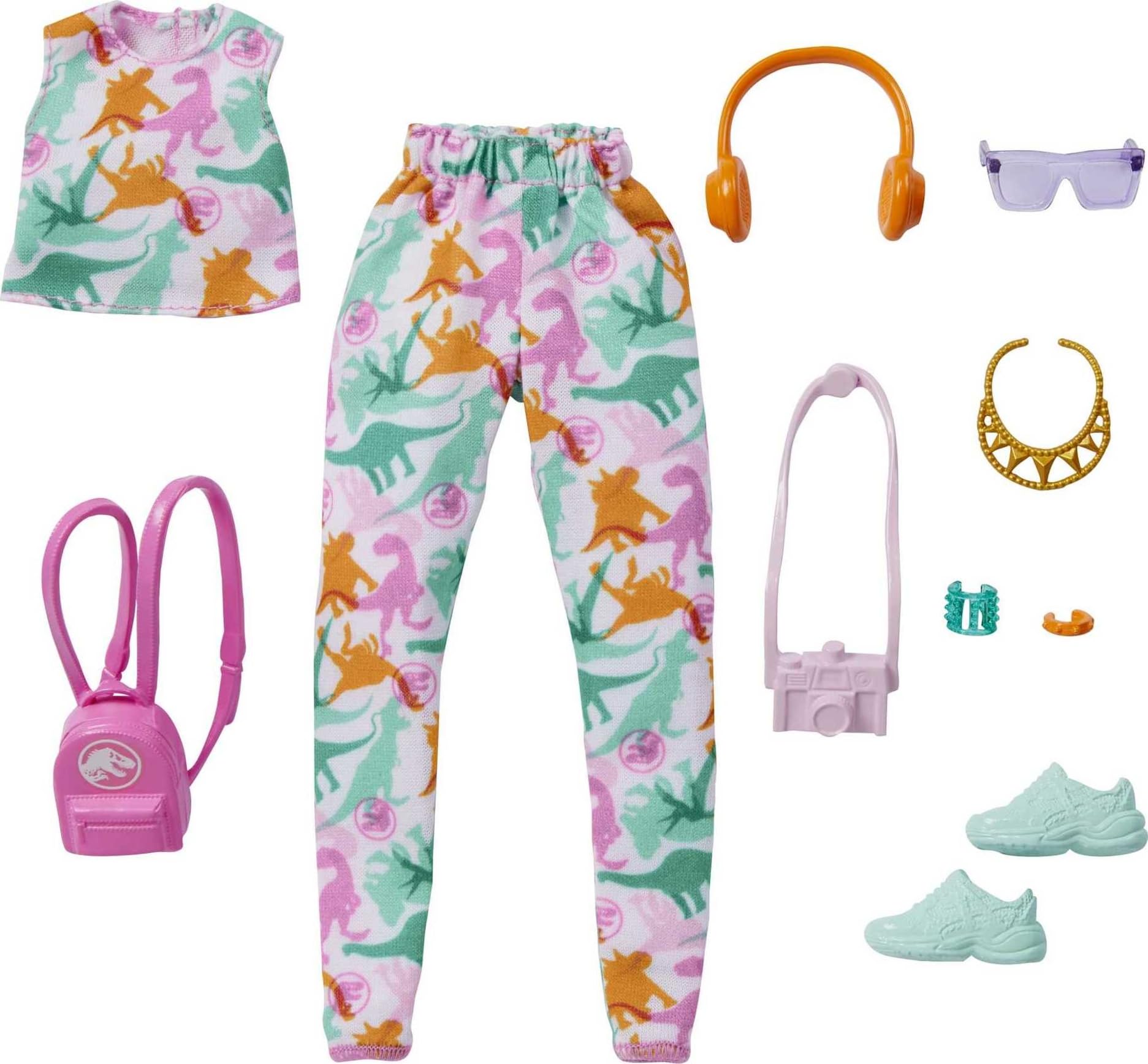 Barbie Fashion Pack of Doll Clothes Inspired by Jurassic World, Collectible Set Includes Crop Top & Jogger Pants with Dinosaur Print & 8 Accessories