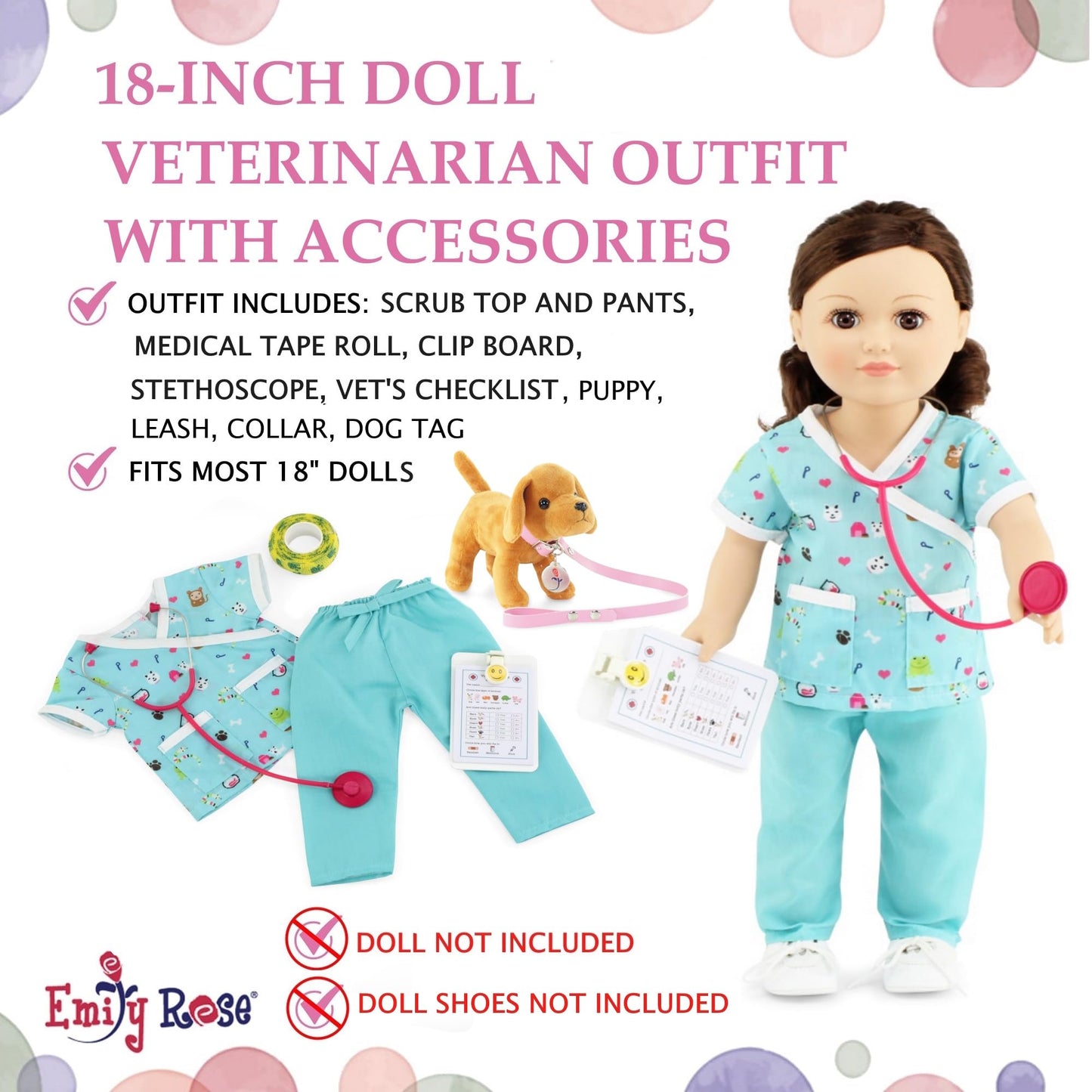 Emily Rose 18 Inch Doll Clothes 10-PC Doctor Vet Nurse Scrubs & Accessories 18" Doll Gift Playset, Including Stethoscope, Puppy, Collar and Leash