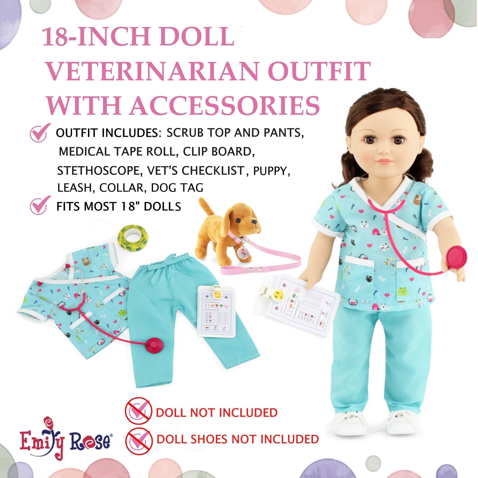 Emily Rose 18 Inch Doll Clothes 10-PC Doctor Vet Nurse Scrubs & Accessories 18" Doll Gift Playset, Including Stethoscope, Puppy, Collar and Leash