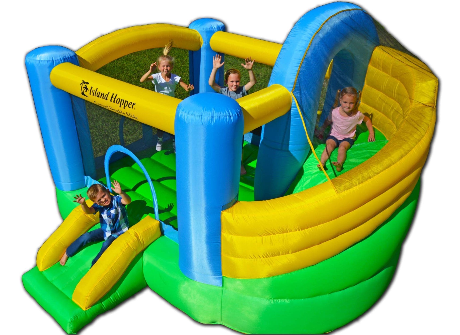 Island Hopper Curved Double Slide Recreational Bounce House with Safe Return Curved Slide and Climbing Wall - Indoor or Outdoor Bouncy Castle