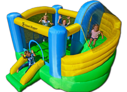 Island Hopper Curved Double Slide Recreational Bounce House with Safe Return Curved Slide and Climbing Wall - Indoor or Outdoor Bouncy Castle
