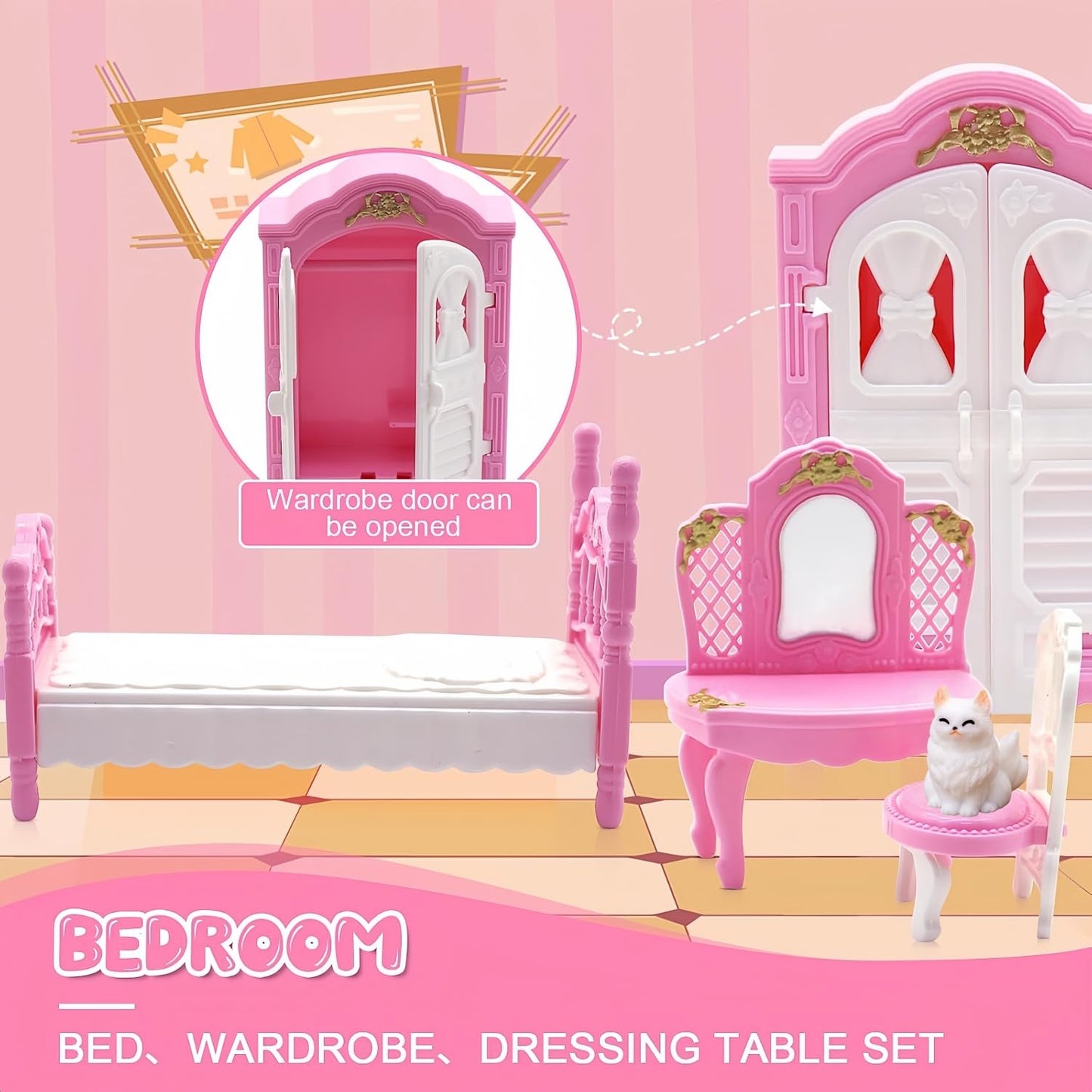 36Pcs Dollhouse Furniture Sets,Miniature 1:12 Scale Doll House Accessories and Furniture with Cat,Dog,Kitchen, Dining Room, Living Room,Bedroom