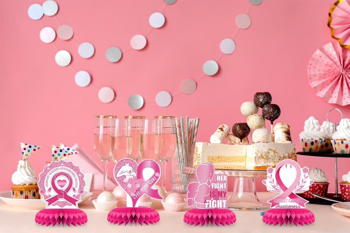 Hying 9 PCS Breast Cancer Awareness Honeycomb Table Centerpiece for Home Party, Fight Cancer Theme Pink Ribbon Breast Cancer Table Topper Centerpiece