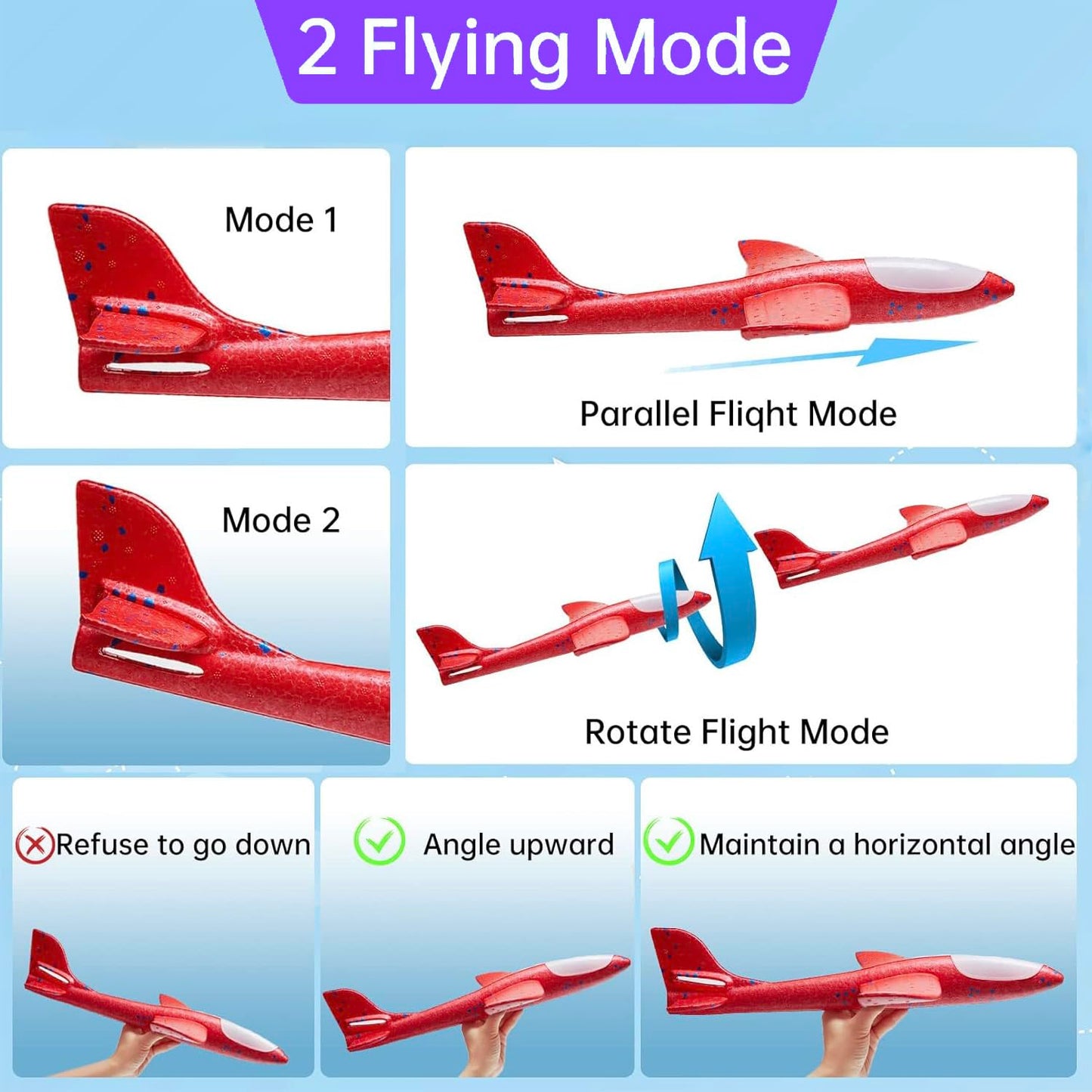 Tivcck 4 Pack LED Light Airplane Toys,17.5" Large Throwing Foam Plane,LED Foam Glider Planes,2 Flight Mode Glider Planes,Airplane Flying Toys for Kids