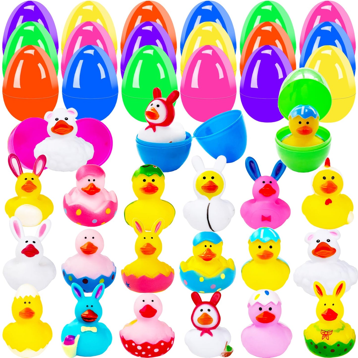 18 Pcs Prefilled Easter Eggs with Bunny Duckies,Bright Colorful Easter Eggs Filled with Rubber Duck,Squeeze Duckies Bunny Bathtub Toys for Easter
