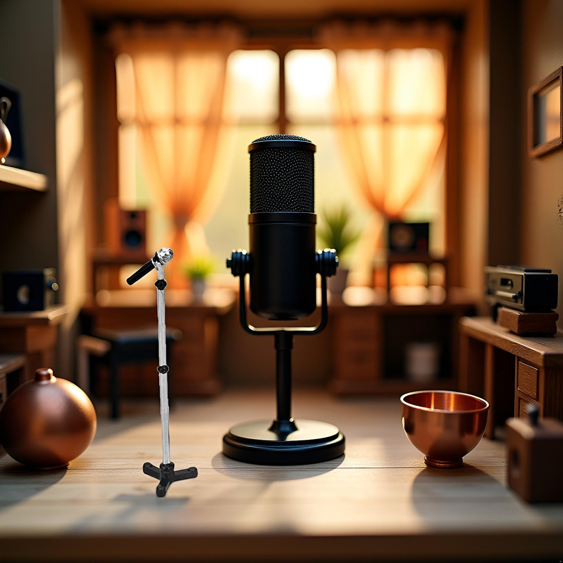 Black Dollhouse Decoration Accessories, 1:12 Dollhouse Miniature Scene Model Microphone with Stand Play Toy, Decortion, Dollhouse Furniture, Doll's