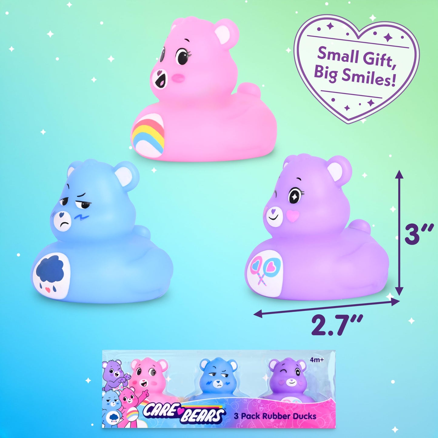 Care Bears Rubber Ducks - Collectible Character Toys for Bath, Gifting, and Car Dashboards - Cheer Bear, Grumpy Bear & Share Bear - 3 Pack