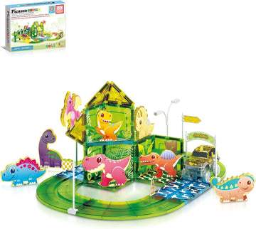 PicassoTiles Dinosaur Magnetic Tiles Racecar Track with 8 Magnet Tile Dino Toys 2 Cars Street Sign Accessory Kit Construction Building Blocks