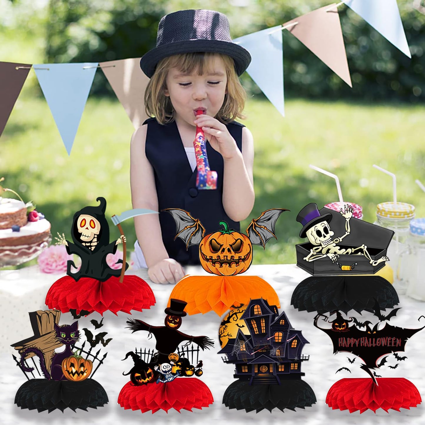 GLNystegal 9PCS Halloween Honeycomb Centerpieces for Tables Halloween 3D Table Decorations Pumpkin/Ghost/Cat/Skull for Birthday Party