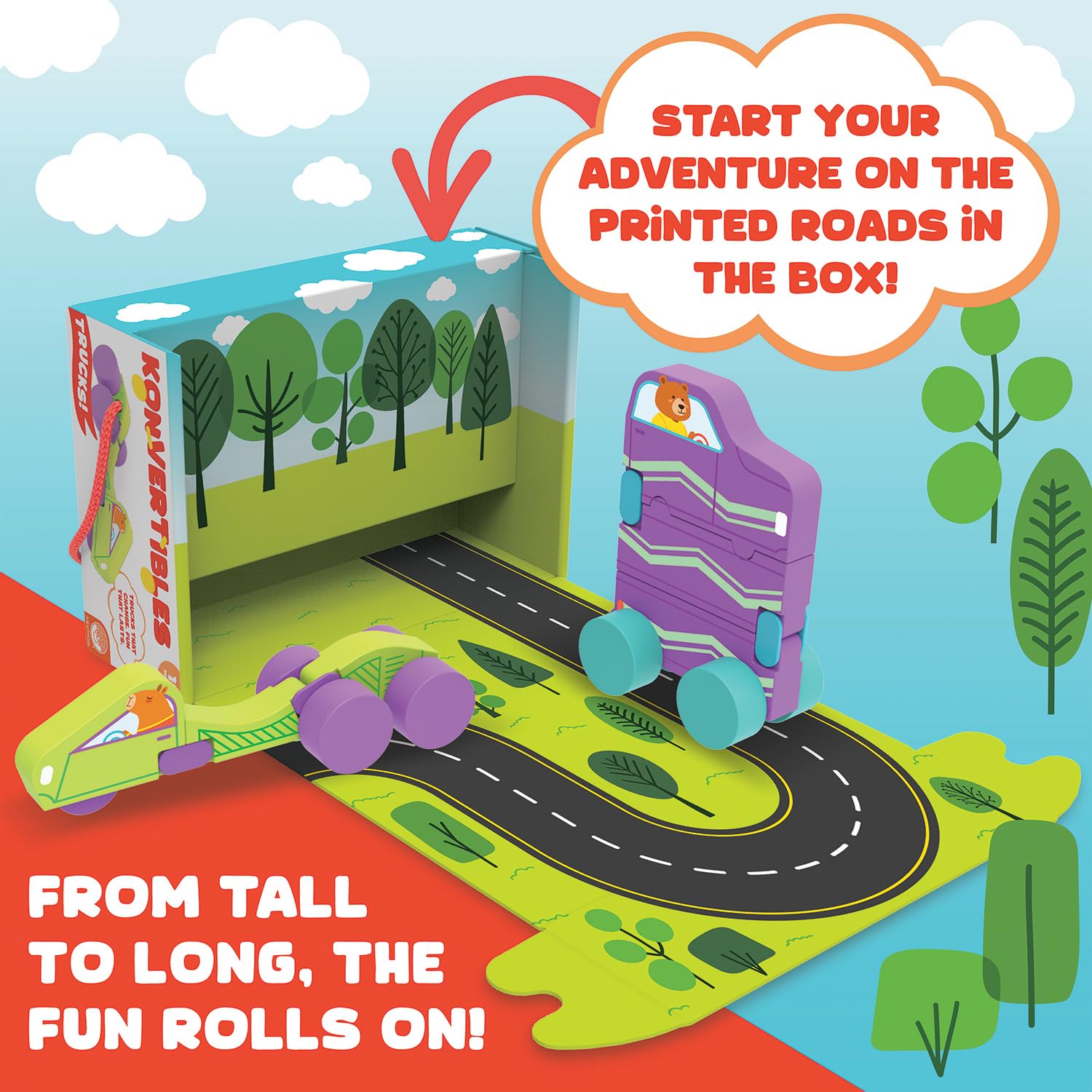 MindWare Konvertibles Transforming Wooden Trucks - 2?Piece Flip?&?Change Vehicle Set with Carry?Along Box that Becomes 3?D Road Scene, Toddler Toy