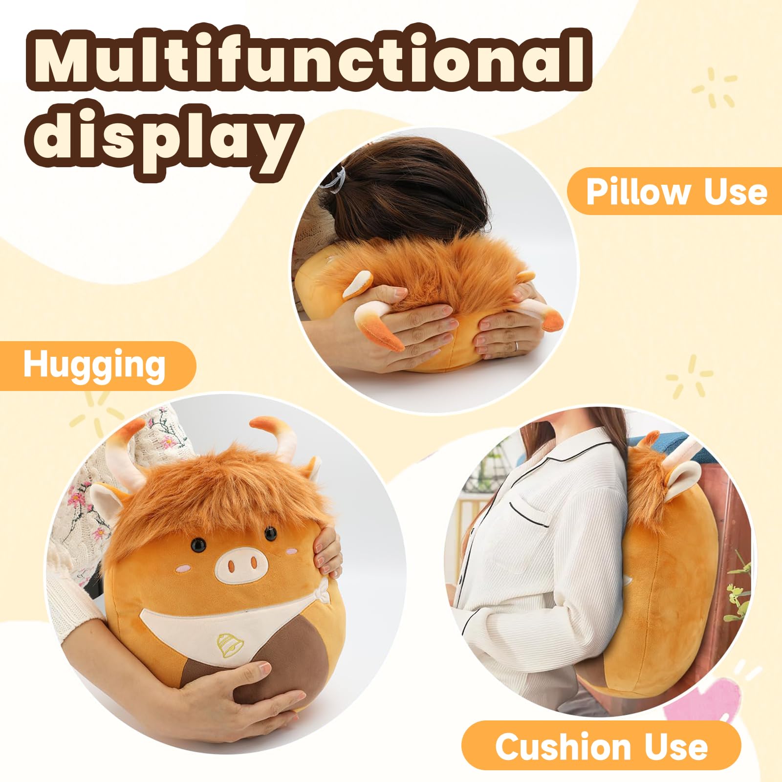 Yytoyshop Highland Cows Plush Pillow Adorable Cow Stuffed Animal Plushies Toys Soft Fluffy Cow Plush Pillow for Kids Adults Home Decor