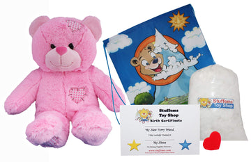 Stuffems Toy Shop Make Your Own Stuffed Animal 16" "Pink Patches Bear - No Sew - Kit with Cute Backpack!
