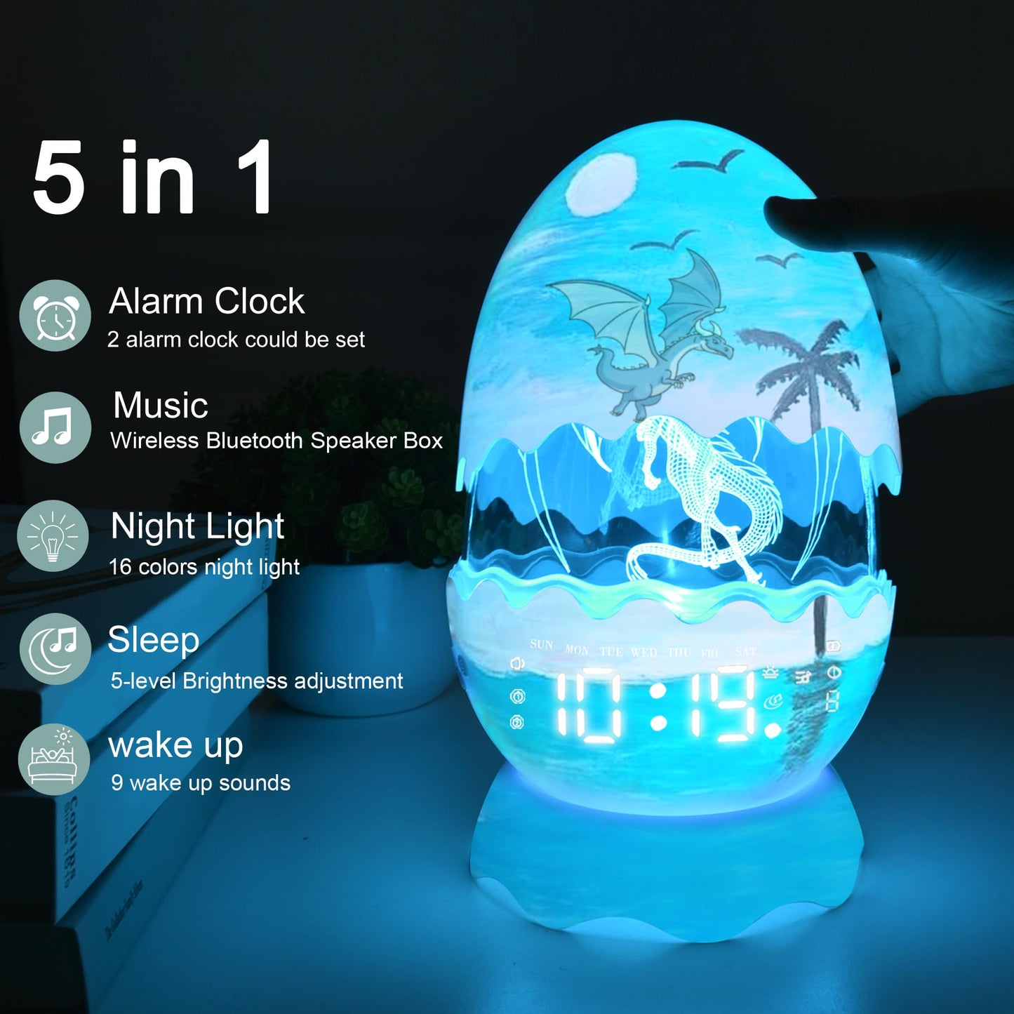 MTDYHY Paint Your Own Glowing Dragon Egg Night Light with Digital Clock Alarm Clock/Bluetooth Speaker, 12 Colors Painting Art & Crafts Kit Supplies