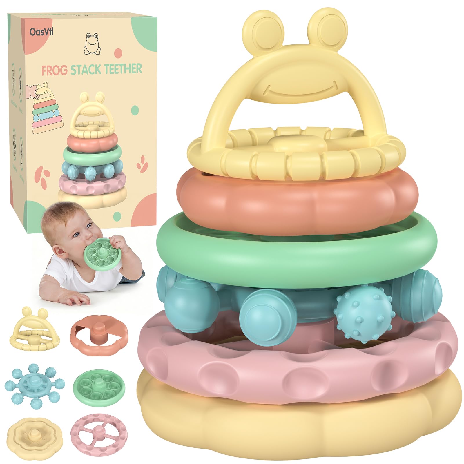 Baby Teething Toys 3-6 Months, Soft Silicone Stacking Rings Teether, 6-Piece Stackable Circles for Teething Relief Safe BPA-Free Teething Gift