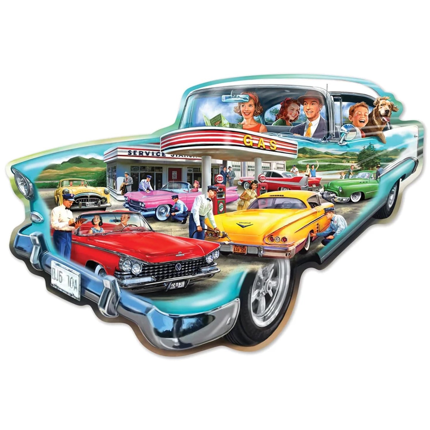 Bits and Pieces Car Shaped 750 Piece Puzzles for Adults Retro Roadside Large 20" x 27" Jigsaw Puzzles 750 Pieces 1950's Cars Americana, Random Die Cut