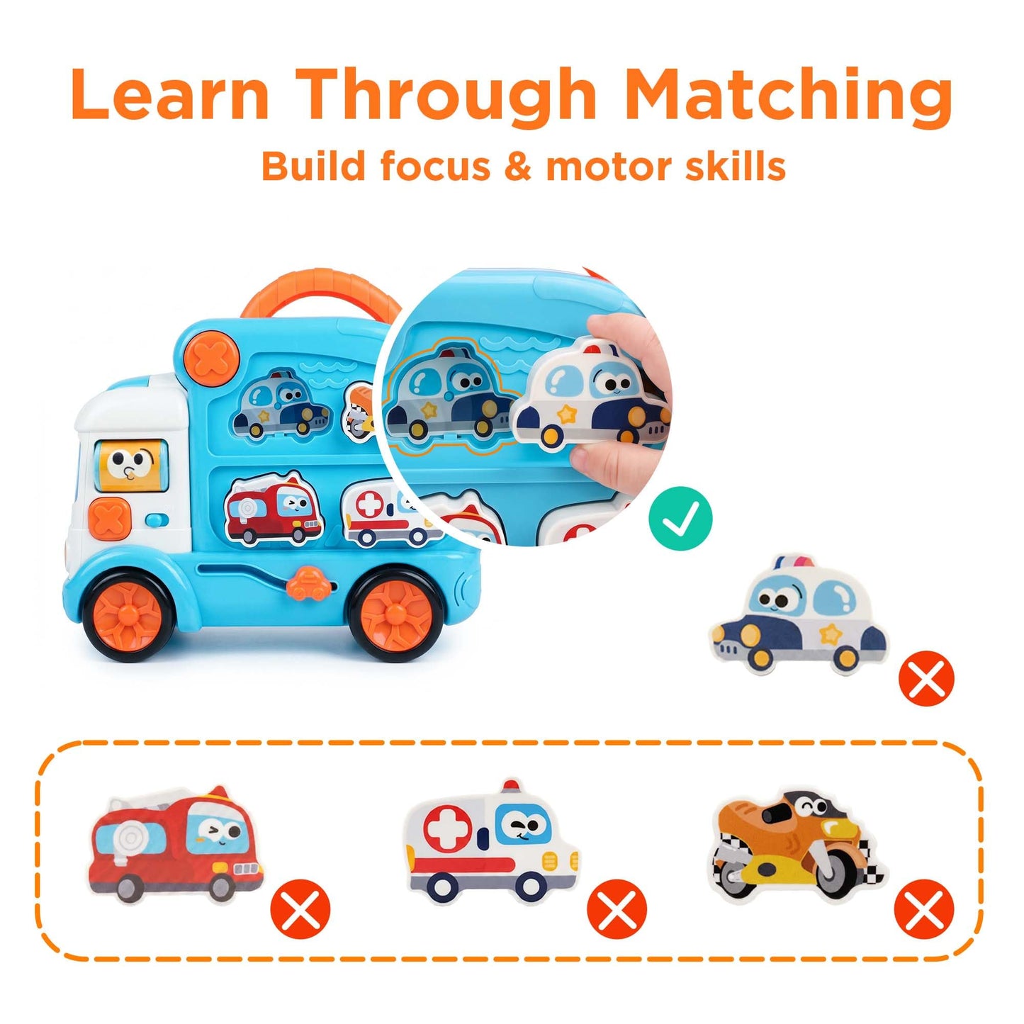 iPlay, iLearn Toddler Bus Toy W/ 3D Matching Puzzle & Car Slide, Baby Musical Push Go Car W/Sound, Montessori Learning Vehicle Match Game, Birthday