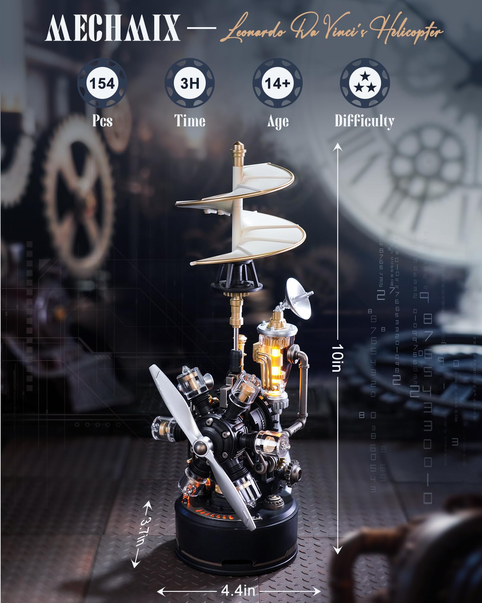 ROBOTIME 3D Puzzle Helicopter - Mechanical DIY Model Set with Light & Movement, PVC Model, Engineering Gift, STEM for Collectors & Amateurs, CGL01