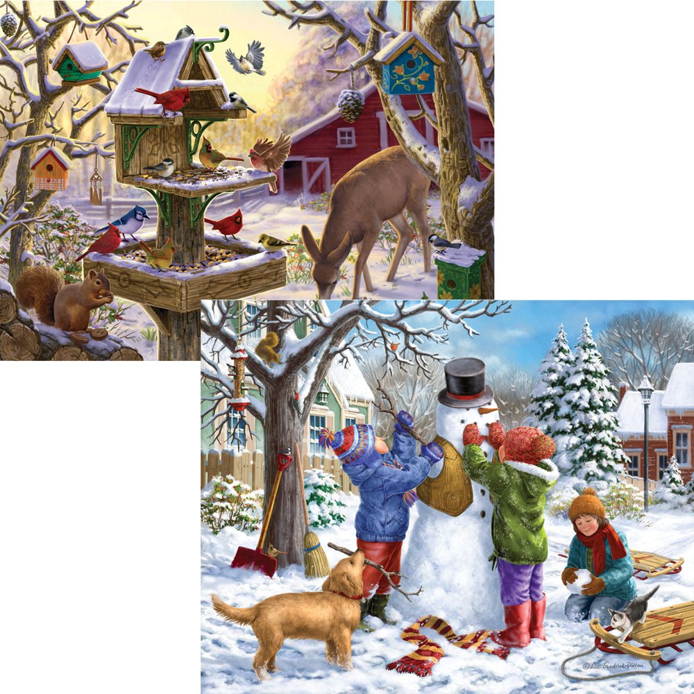 Bits and Pieces - Value Set of Two 300 Piece Jigsaw Puzzles for Adults - Building a Snowman on a Snow Day, Sunrise Feasting - Winter Snow Jigsaw
