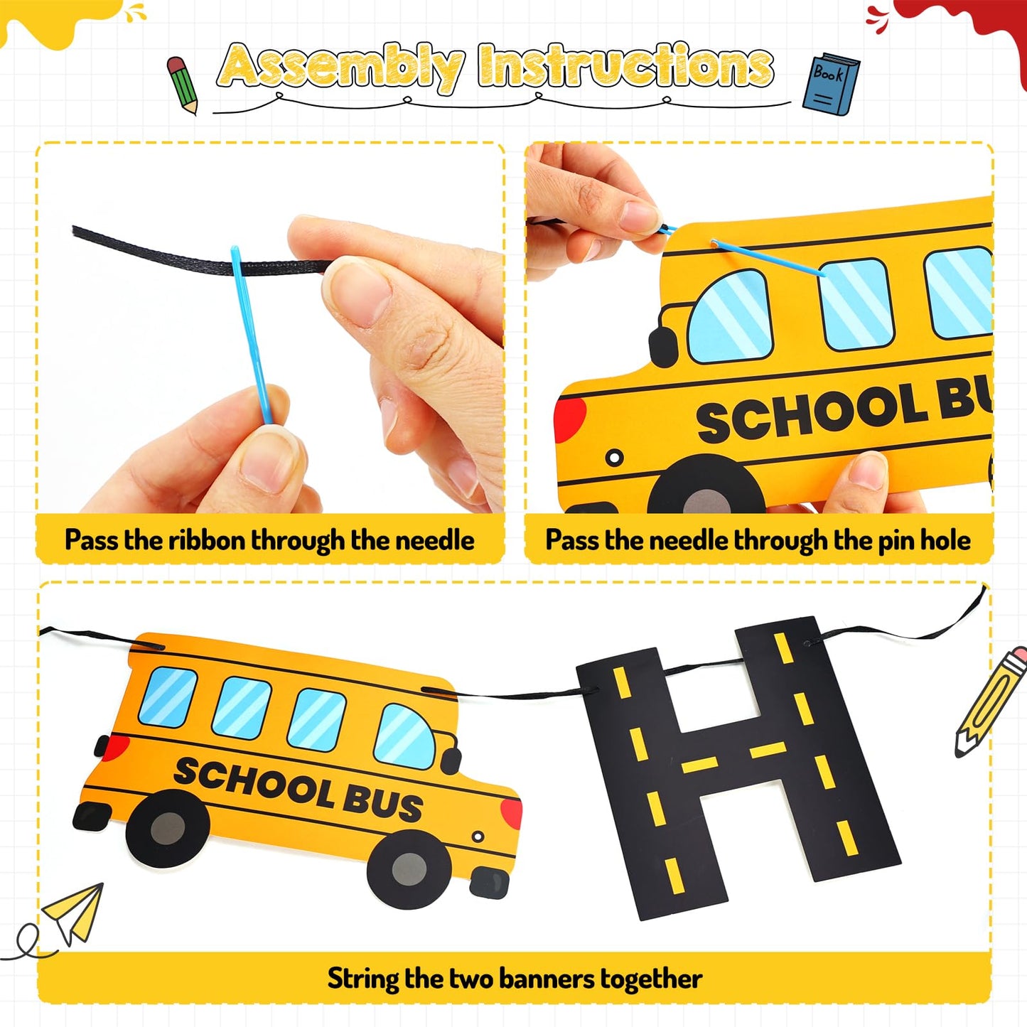 Faisichocalato DIY School Bus Happy Birthday Banner, Birthday Party Garland for Kids Yellow Bus Birthday Party Decorations, Back to School Banner