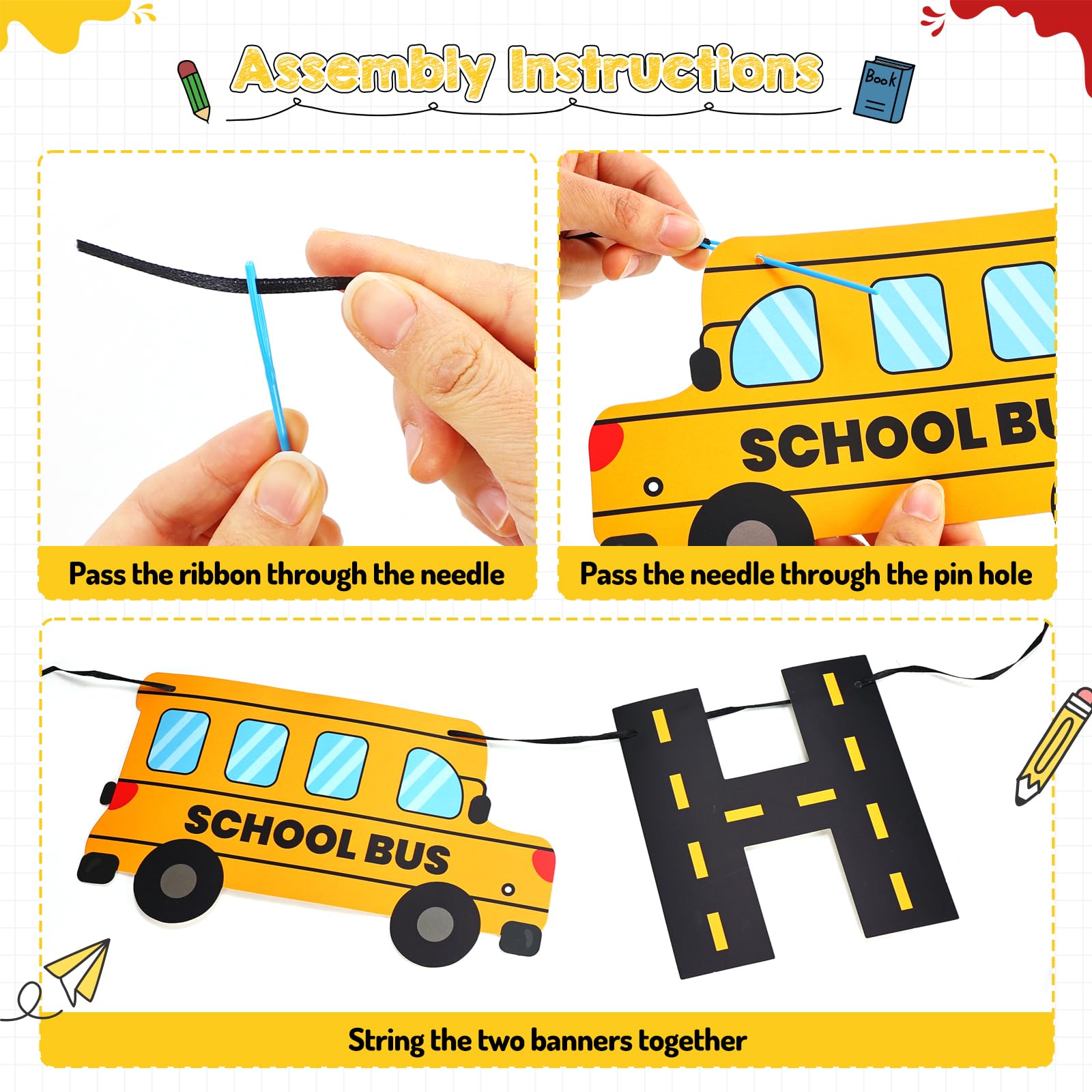 Faisichocalato DIY School Bus Happy Birthday Banner, Birthday Party Garland for Kids Yellow Bus Birthday Party Decorations, Back to School Banner