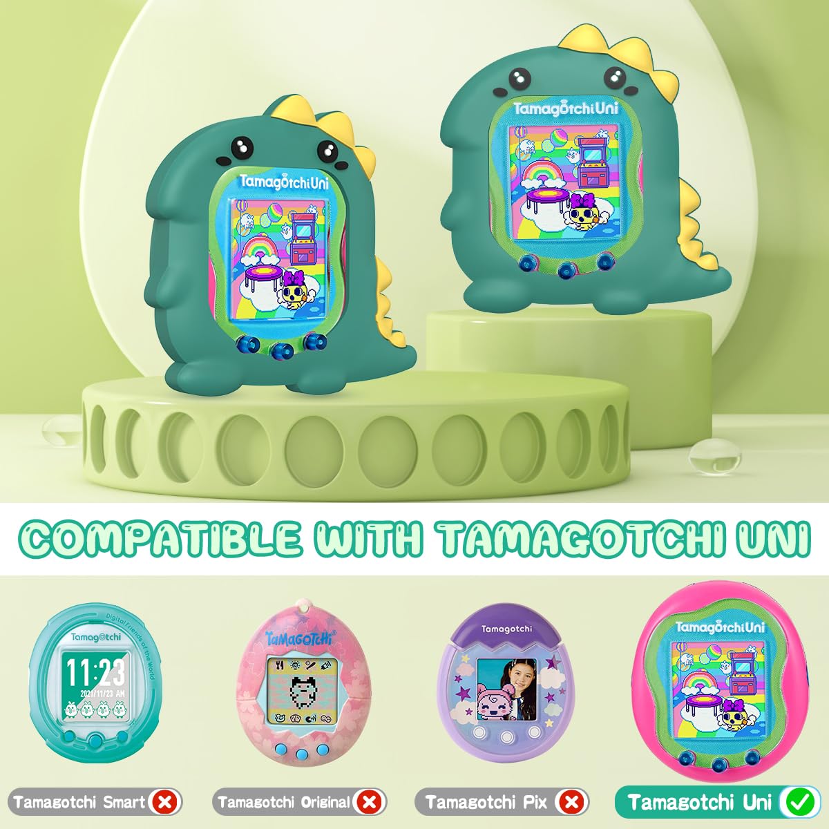 BEARDDO Silicone Case Compatible with Tamagotchi Uni Case, Cute Cartoon Green Dinosaur Virtual Pet Game Machine Protector Cover for Tamagotchi Uni