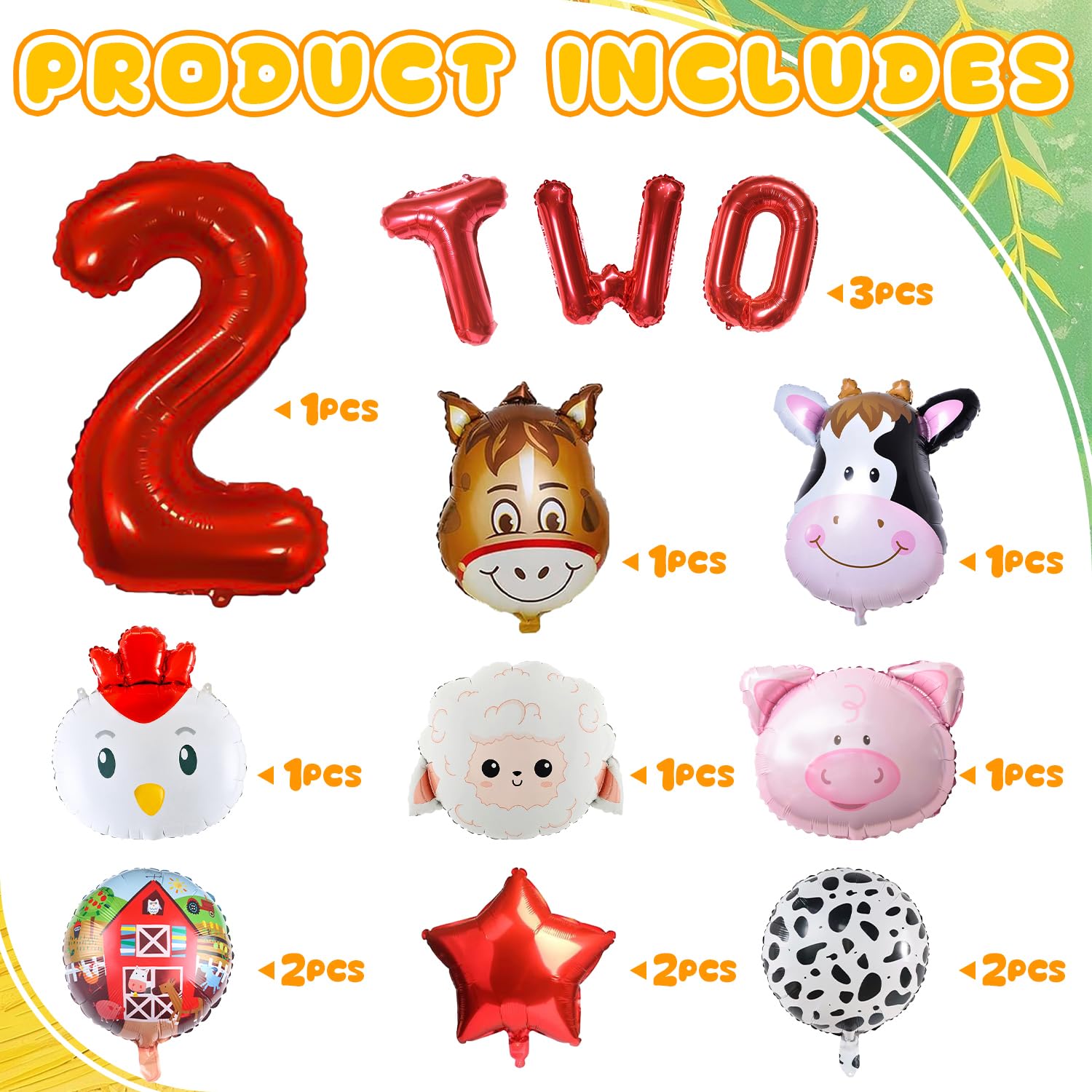 14PCS Farm Animal Balloons, Chicken Pig Donkey Cow Sheep Large Number 2 and Letter TWO Foil Balloon for 2nd Farm Animal Theme Birthday Party Decor