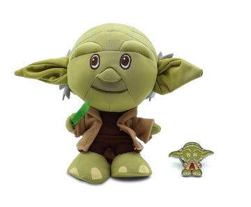 Star Wars Jedi Master Yoda Stylized Plush Character and Collectible Metal Enamel Pin | Plush Doll Measures 7 Inches Tall