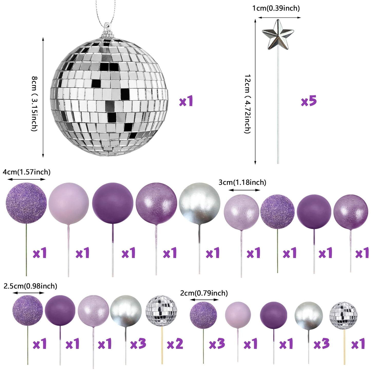 32PCS Disco Purple Ball Cake Topper Decoration for Wedding Birthday Baby Shower Party Cake Decoration Supplies