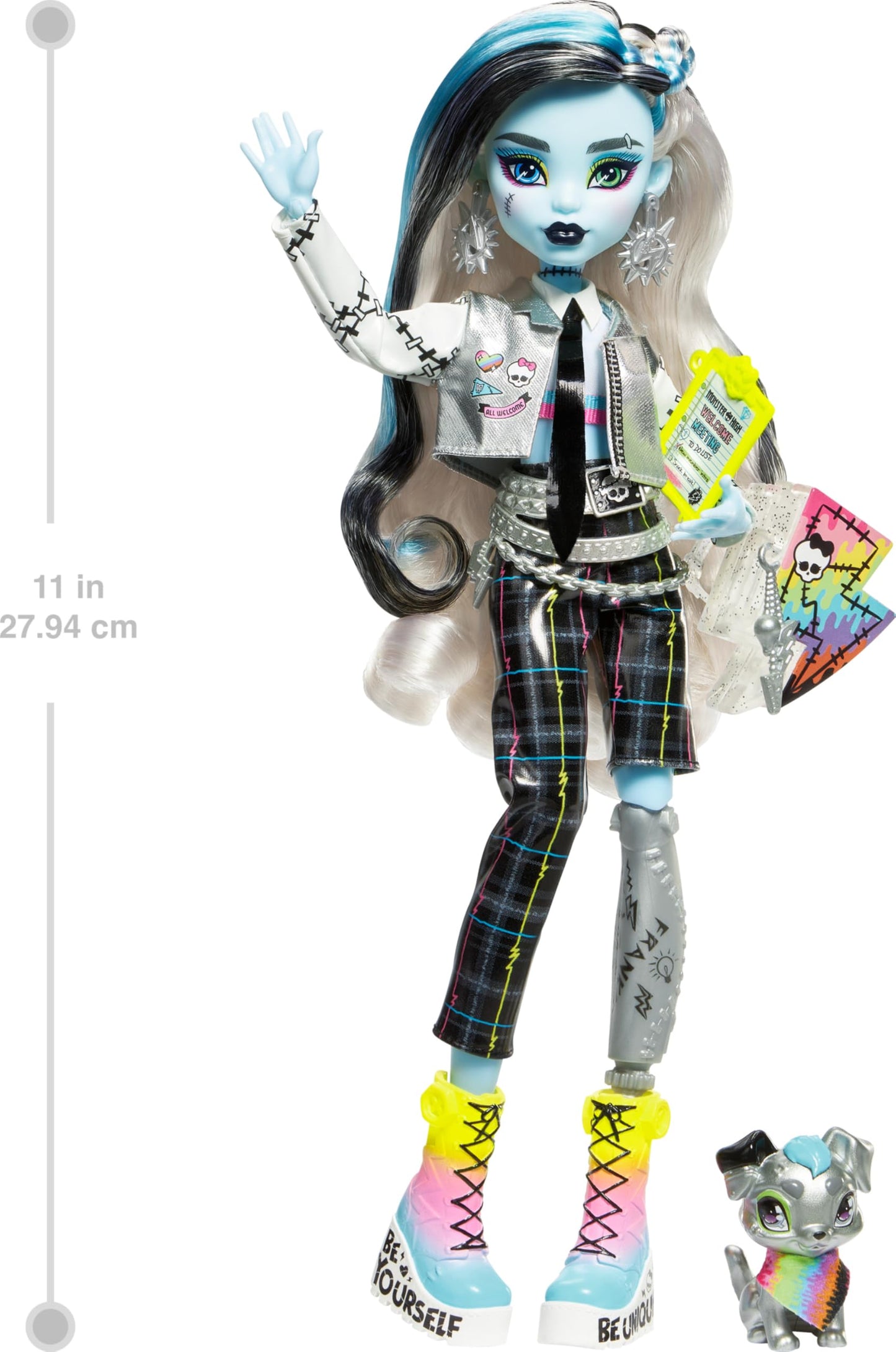 Monster High Frankie Stein Doll, Welcome Committee Set with 15 Accessories Including Poster, Sticker, Pet Watzit and More