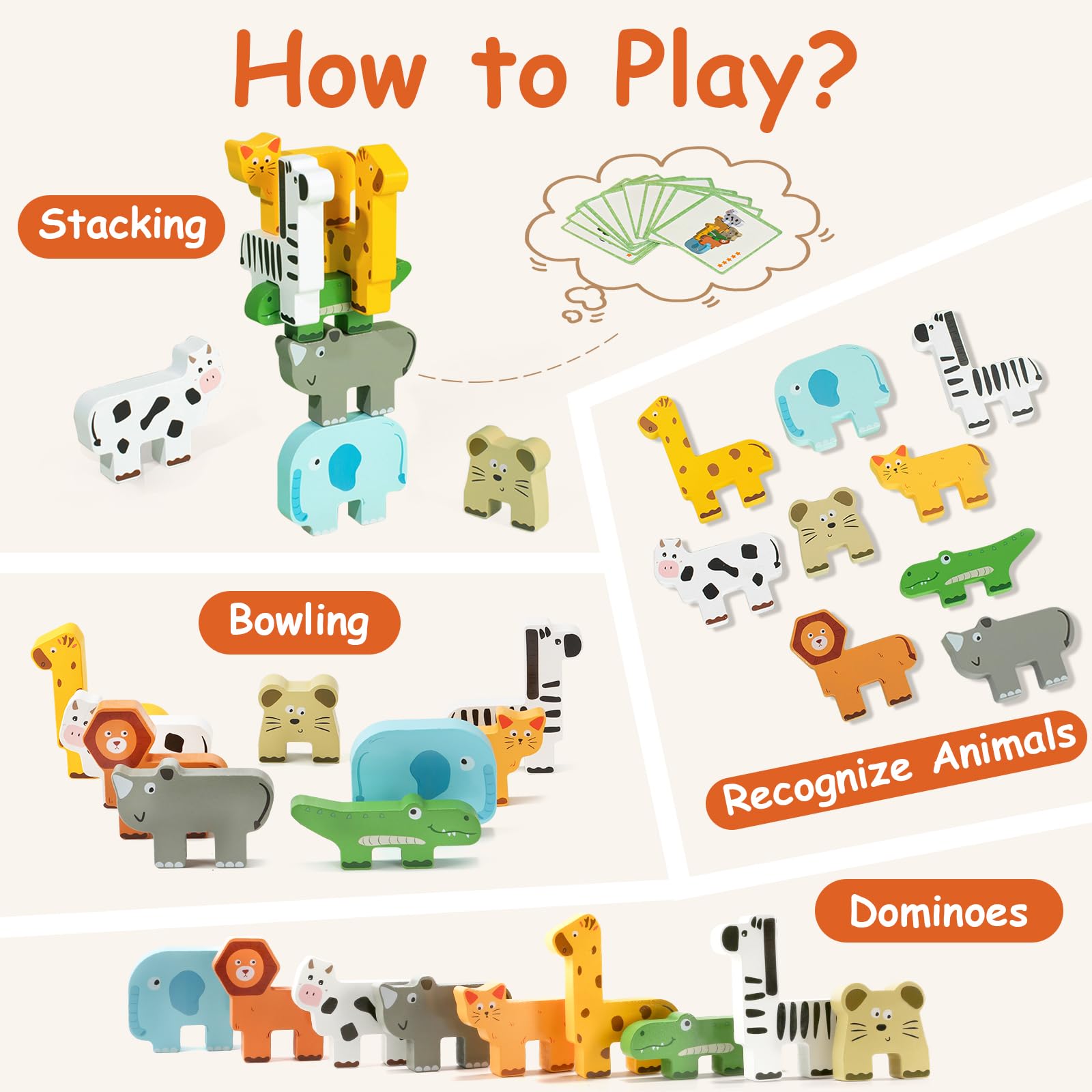 JugueteLand Wooden Animal Stacking Puzzle Toy, Educational Balancing Activity Toy for Kids, Wooden Zoo Animal Building Blocks Stacker & Bag, Stacking