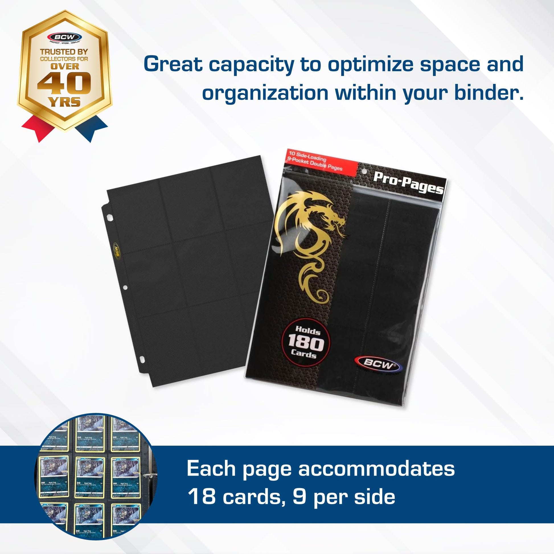 BCW Double-Sided 9-Pocket Pages Holder - 50 Black Pages | Trading Card Binder Sheets | Secure Side Loading | Ideal Card Storage and Display Solution