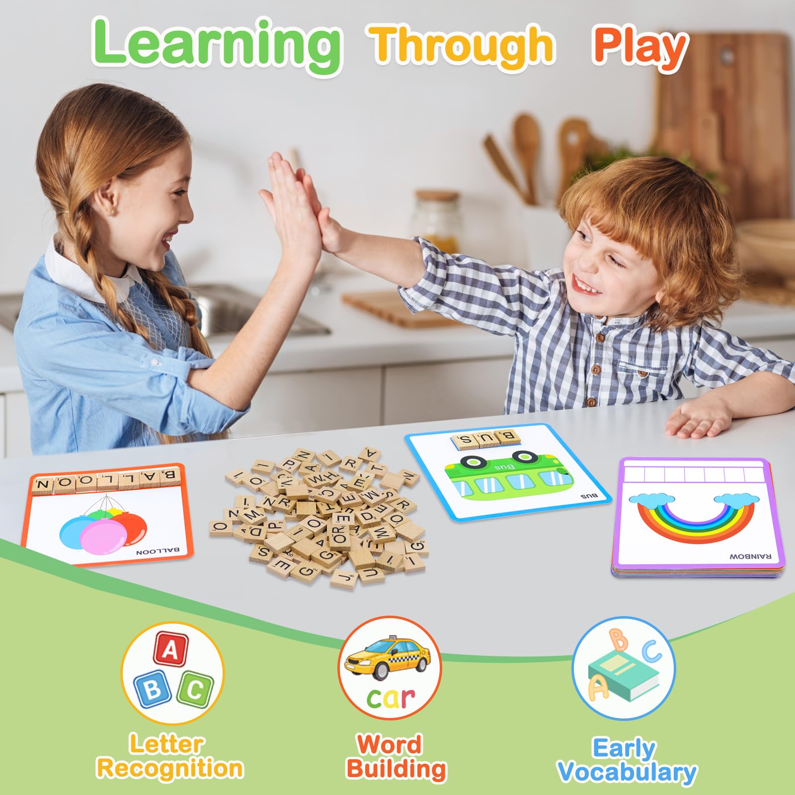 Humerry Spelling Game for Kids Ages 3-8, Word Building & Sight Word Games, Phonics Learning Toy with 100 Wooden Letter Tiles & 30 Double-Sided