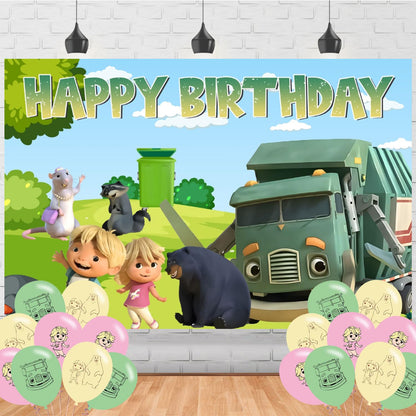 Ezcpigei Trash Truck Birthday Banner - 5x3ft, Green, 18pcs Balloons, Indoor, Wall Mount, Rectangular, Standard Banner, Waste Management