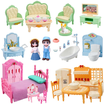 Princess Dollhouse Furniture Set, 48 Piece Luxury Miniature Accessories Collection with Living Room, Bathroom, Bedroom?Kitchen, TV Entertainment Set