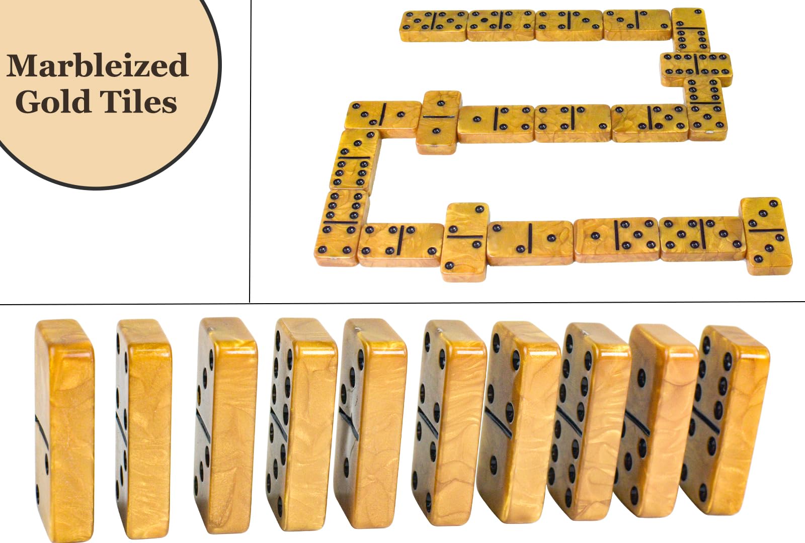 Vovotuzzi Dominos Set for Adults, Thick Domino, Double 6 Dominoes Set for Adults and Kids, 28 Marbleized Gold Tiles in Brown Leather Case, Travel
