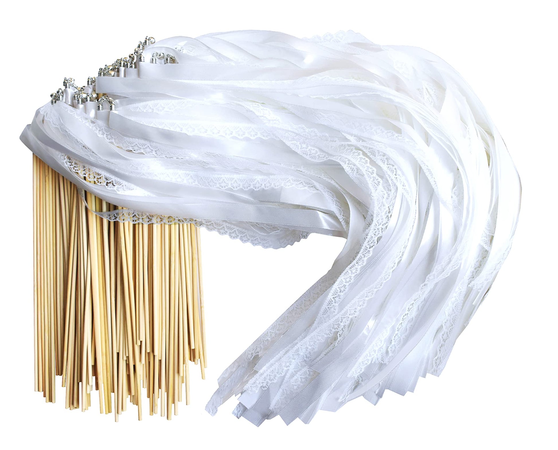 Kingsnow 100 Pieces Lace Wedding Ribbon Wands with Triple Ribbon and Silver Bell Wand Silk Fairy Stick Wand Streamers Party Ribbon Sticks Magic Fairy