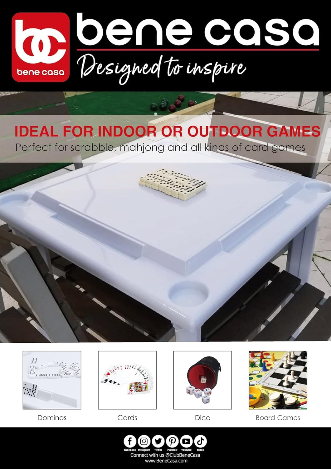 Bene Casa - Indoor & Outdoor Domino and Game Table Includes Domino and Scrabble Tile Racks and Cup Holders - Table Legs are Removable for Easy Storage