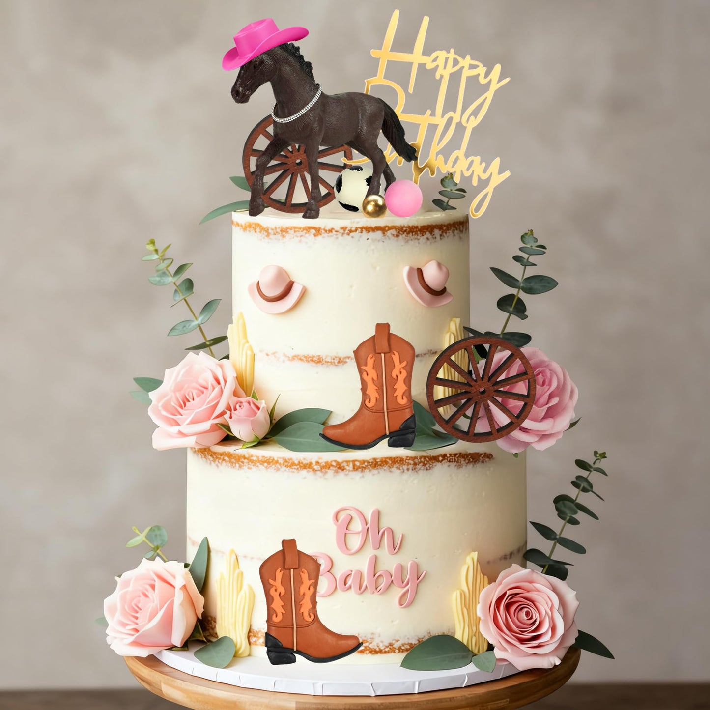 Cowgirl Cake Topper Pink Ball Horse Boho Flower Grass Artificial Eucalyptus Cake Decorations for Western Theme Cowgirl Birthday Pink Flower Horse