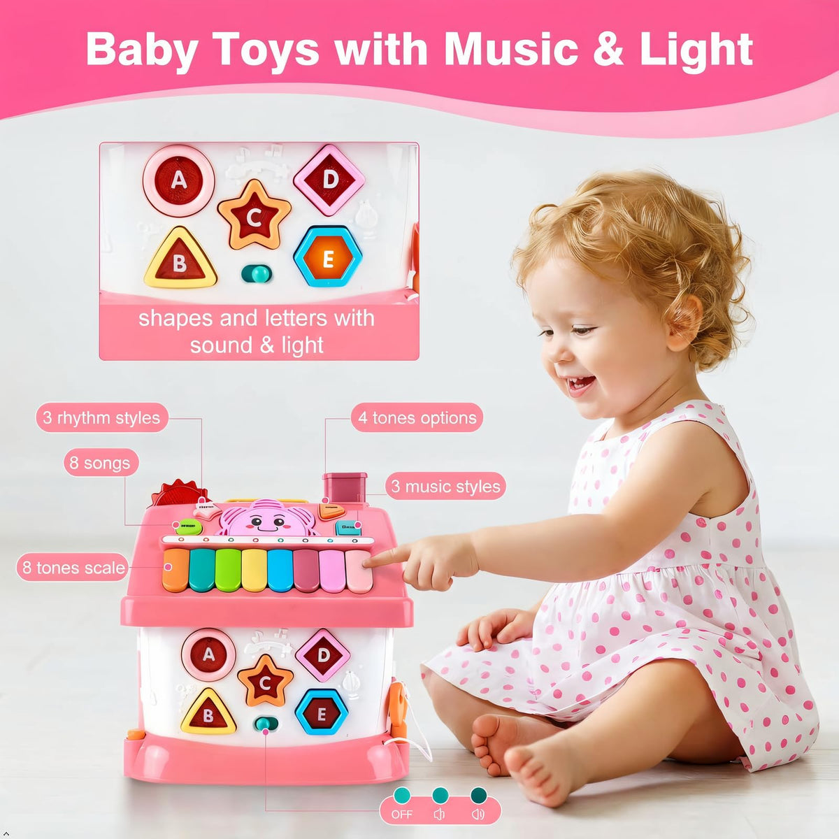 Toddler Girl Toys for 1 Year Old, Montessori Toys for 1 Year Old Girl Birthday Gift, 8 In 1 Pink Baby Musical Learning House with Sound Light Music