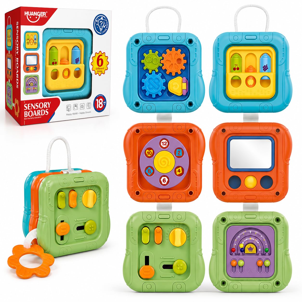 Koknwoa 6-in-1 Montessori Busy Board for Toddlers 1-3, Sensory Activity Board with Fine Motor Skills Toys, Portable Travel Toy, Educational Learning