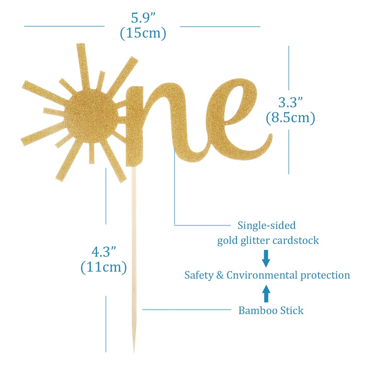 Cake Topper for Baby 1st Birthday - Gold Glitter Sunshine First Anniversary Shower Topper, Single-sided Sun ONE Birthday Cake Smash Topper For Photo