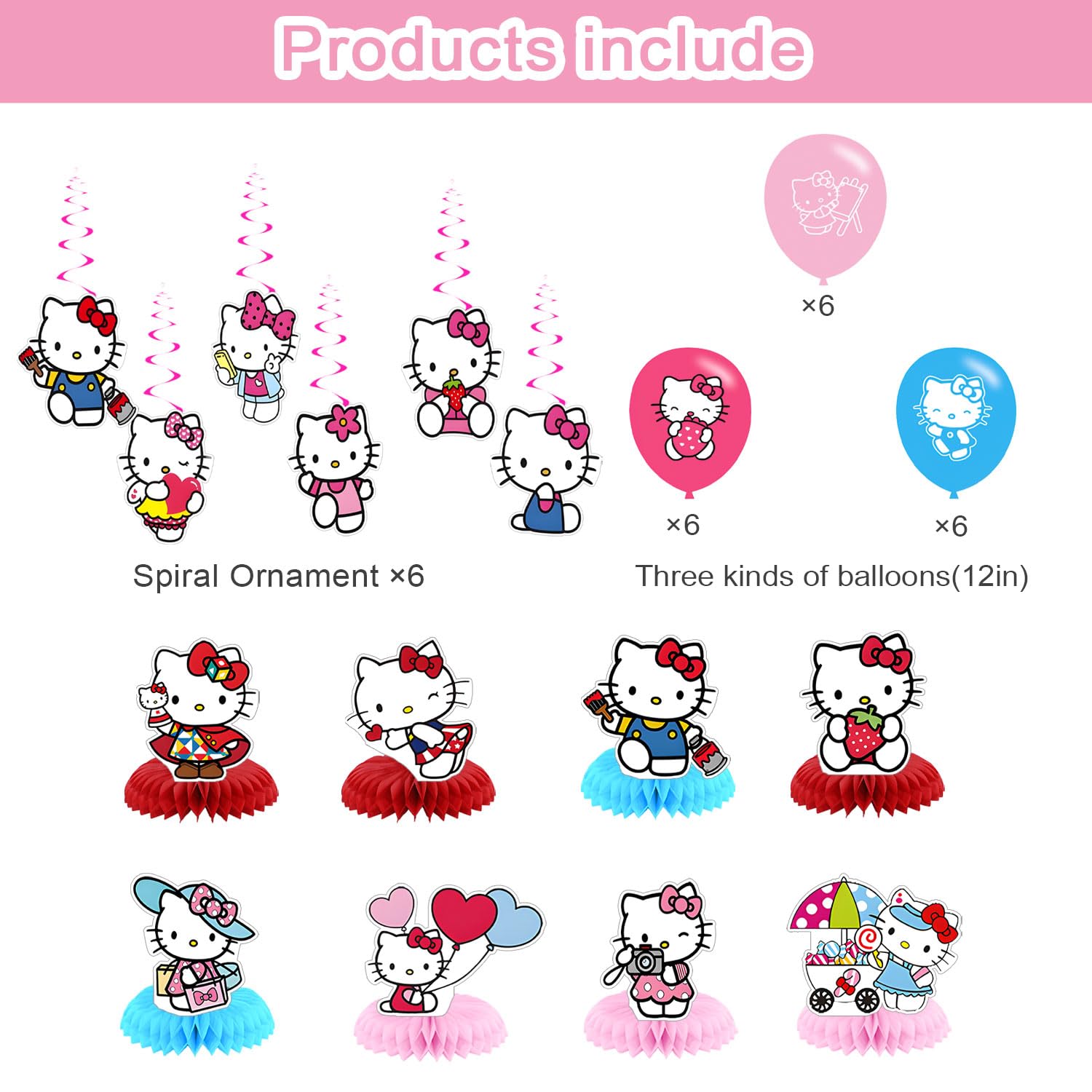 Hello Cat Birthday Party Decorations,Kitty Party Supply Set for Kids with Happy Birthday Banner, Swirls,Centerpieces,24 Balloons for Kitty Cat Party