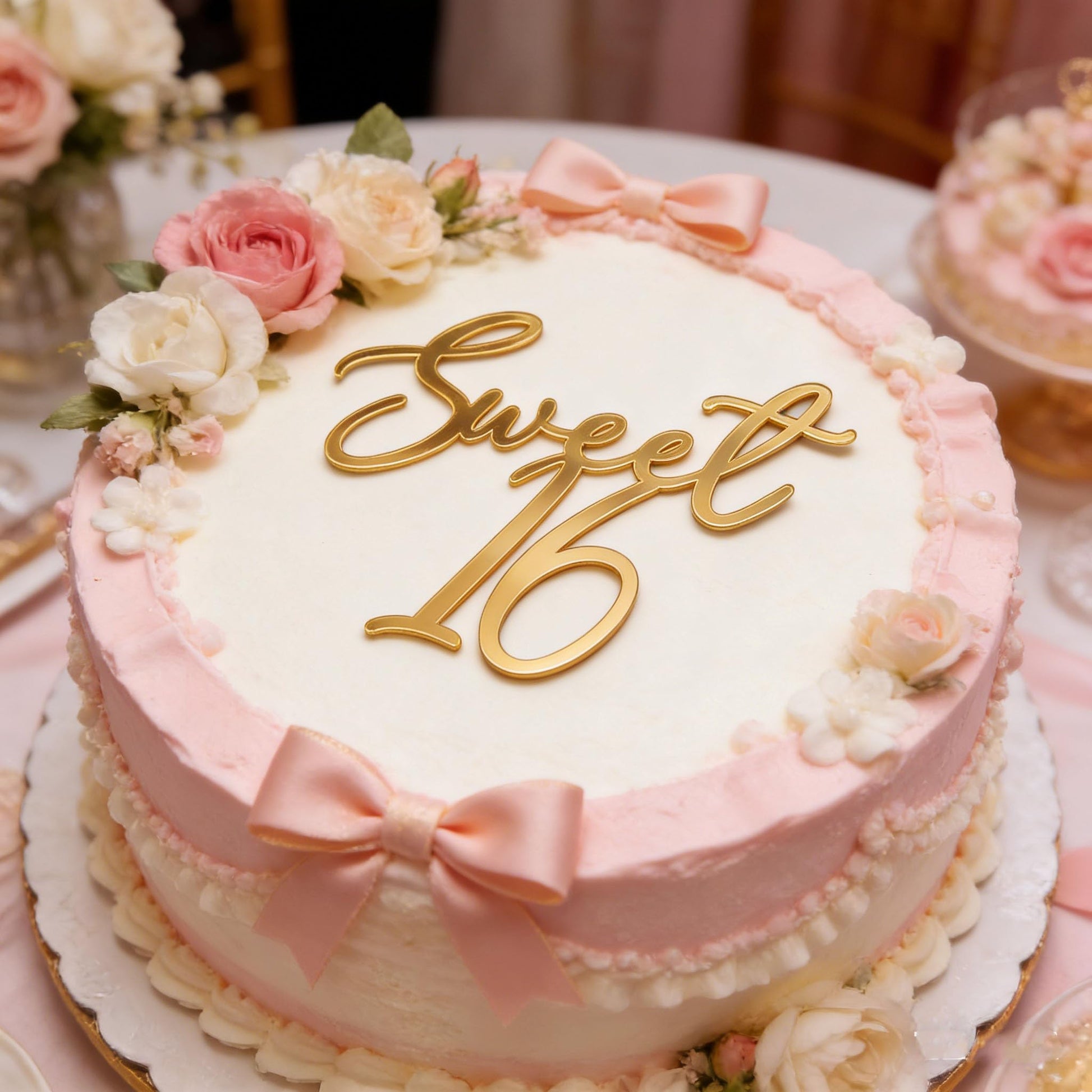 Sweet 16 Cake Topper,Gold Acrylic,Happy Sweet Sixteen Cake Decor,Sweet 16th Party Cake Decorations for Girl,Cheers to 16 Years,Numbers 16 Theme
