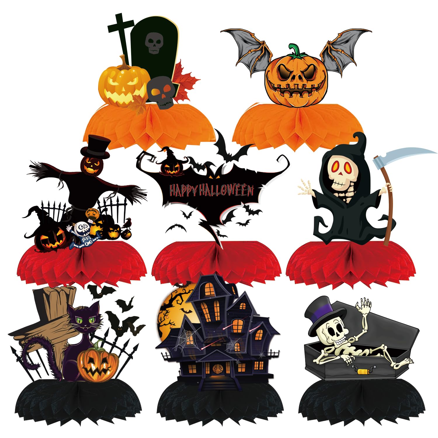 GLNystegal 9PCS Halloween Honeycomb Centerpieces for Tables Halloween 3D Table Decorations Pumpkin/Ghost/Cat/Skull for Birthday Party