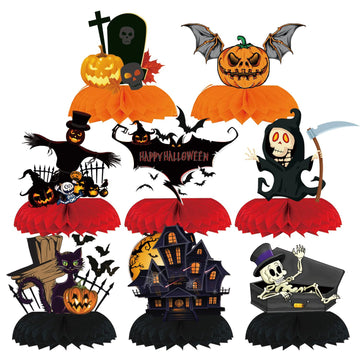 GLNystegal 9PCS Halloween Honeycomb Centerpieces for Tables Halloween 3D Table Decorations Pumpkin/Ghost/Cat/Skull for Birthday Party