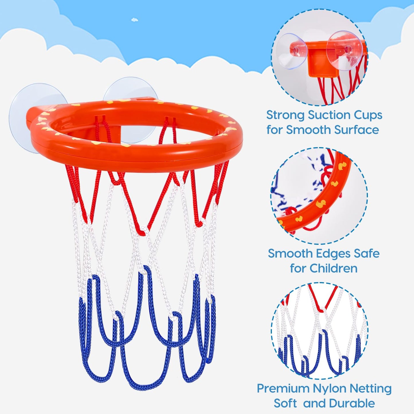 Auvitaya Bath Toys, Bathtub Basketball Hoop for Kids Toddlers, Bath Shower Toys for Kids, Strong Suction Cup Basketball Hoop & 3 Soft No-Hole Balls
