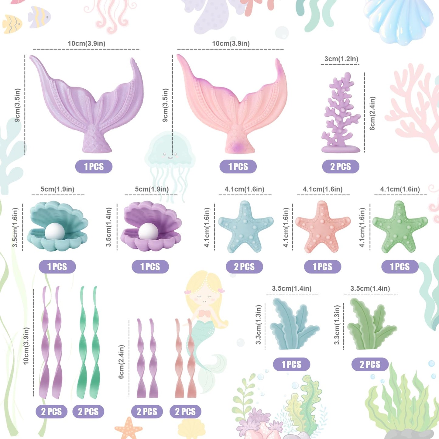 21pcs Mermaid Cake Topper - Mermaid Tail Cake Decorations with Seaweed Shells Starfish Coralal Under the Sea Cake Decorations for Birthday Party
