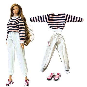 AQQeenmiu Fashion Doll Clothes Set Striped Top Fits 11.5-12 inch Dolls?Striped Sweater with White Pants and Sneakers, 3-Piece Fashion Clothes
