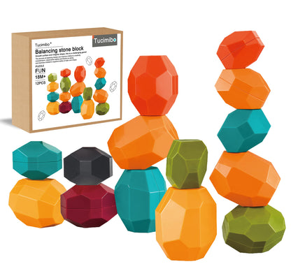 Tucimibo Jumbo Balancing Stones Toy Set, Polyhedral Plastic Stacking Rocks Educational Creative Preschool Arts Learning Sensory Building Blocks Puzzle