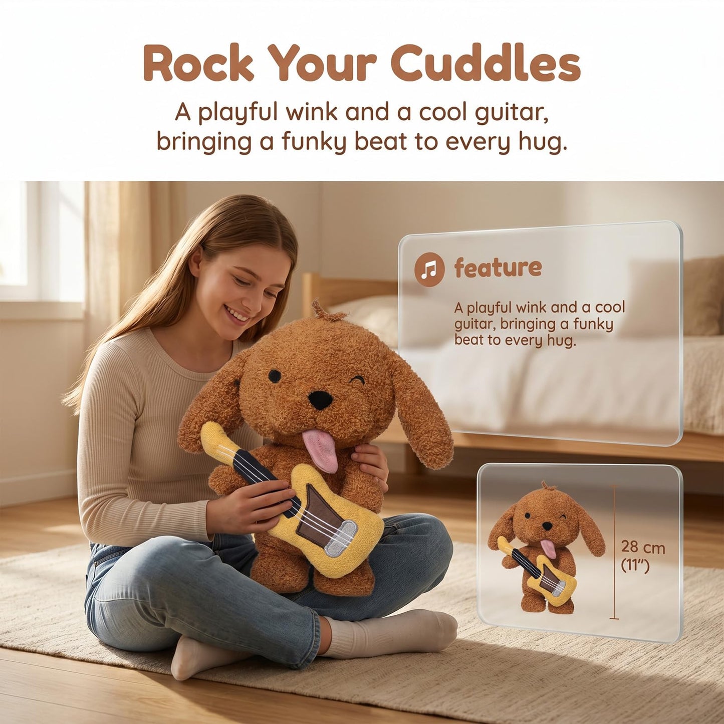 Cute Brown Dog Stuffed Animal with Guitar - 10.6 inch Soft Plush Puppy Toy, Winking Musical Doggy Plushie, Kawaii Room Decor & Birthday Gift for Kids